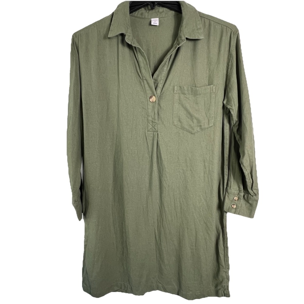 Old Navy Womens Sz M Olive Linen Blend Tunic Shirt Dress Popover Beach Lagen VGC